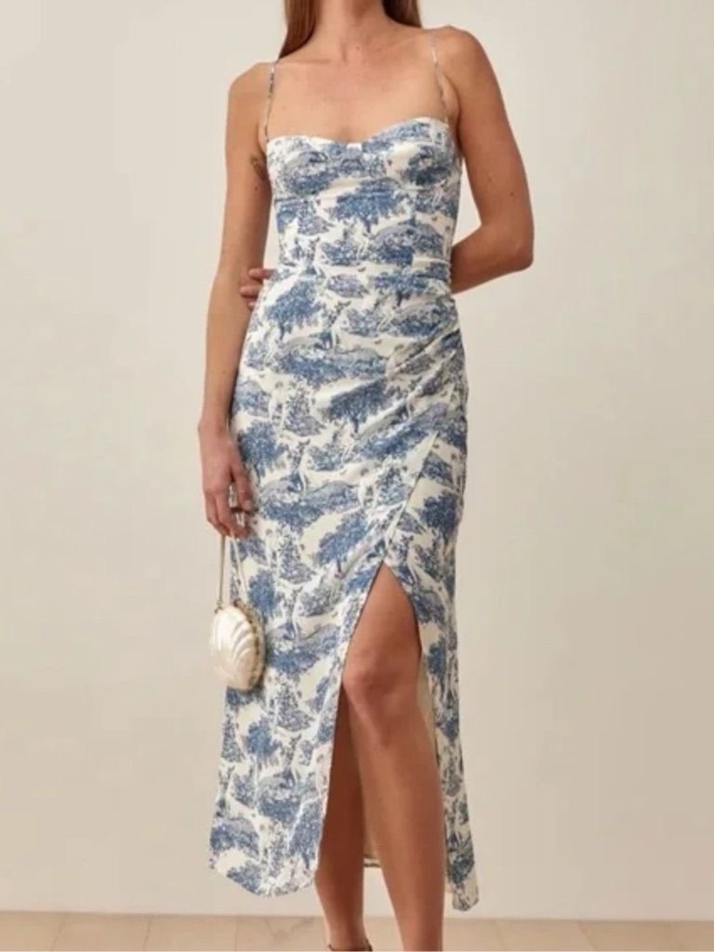 Reformation Blue and White Toile Midi Dress with Side Slit